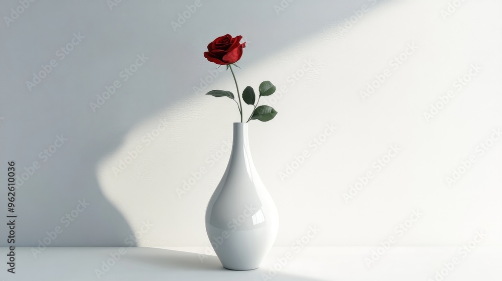 Poster minimalist tall white vase with a single red rose, placed on a clean white surface, creating a simpl