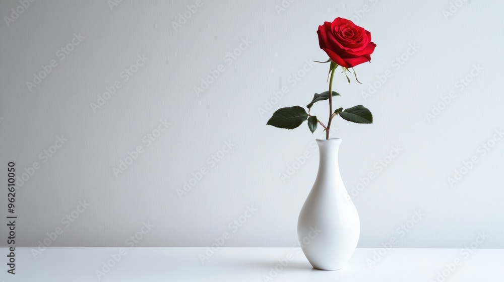 Poster minimalist tall white vase with a single red rose, placed on a clean white surface, creating a simpl
