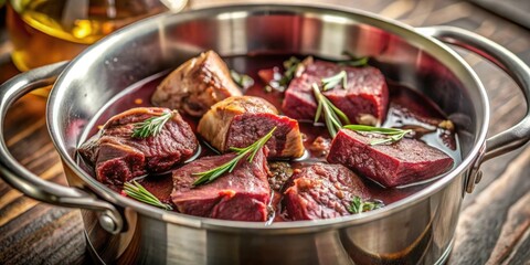 Close-up of Burgundy beef cooking in a saucepan on the stove, beef, Burgundy, cooking, saucepan, stove, close-up