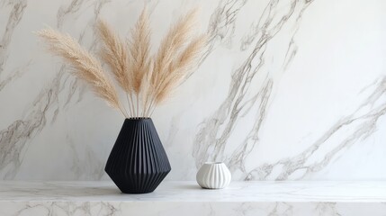 Modern geometric vase in matte black with pampas grass, sitting on a contemporary marble shelf.