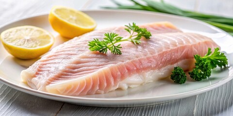 Close-up of a juicy fillet of Nile perch on a white plate , Nile perch, fillet, seafood, gourmet, fresh, delicious, cooked