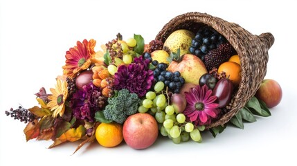 Abundant Autumnal Harvest Overflowing from a Wicker Cornucopia