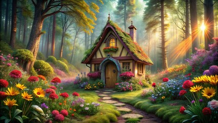 Fototapeta premium Enchanting fairy tale house in the woods with colorful flowers and whimsical design