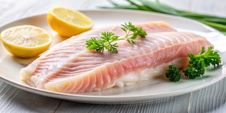 Close-up of a juicy fillet of Nile perch on a white plate , Nile perch, fillet, seafood, gourmet, fresh, delicious, cooked
