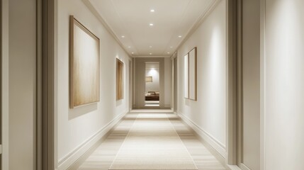 Modern white hallway with framed artwork, recessed lighting, and a soft runner rug, leading to other rooms.