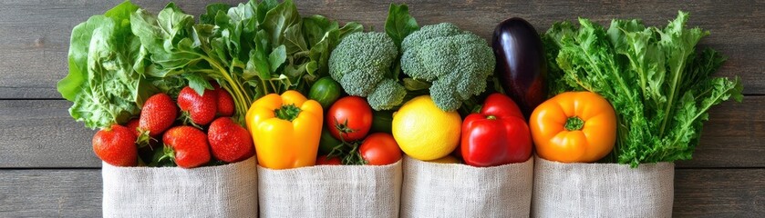 Healthy eco-conscious food lifestyle concept. Fresh vegetables and fruits including strawberries, peppers, and broccoli in cloth bags on wooden surface © AImagine Designs