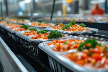 Catering Trays Filled with Freshly Prepared Food in Commercial Kitchen