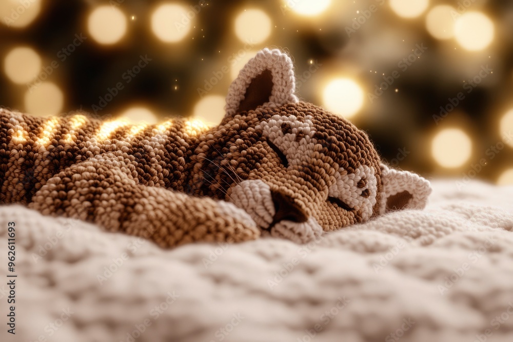 Canvas Prints Cute Knitted Cat Toy Sleeping on a Blanket with a Bokeh Background