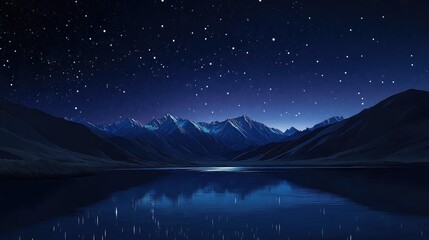 Fototapeta premium Beautiful night view of Kyrgyzstan mountains and river, captured in a minimalist vector art style, under a calm, star-filled sky