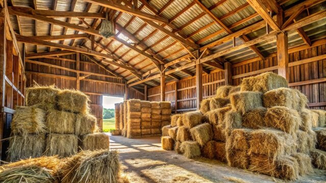 Dry hay stacks in rustic wooden barn interior on the farm, hay, stacks, dry, barn, interior, wooden, rural, farm