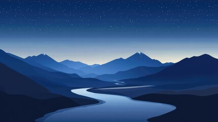Fototapeta premium Minimalistic vector art of a peaceful Kyrgyz mountain landscape at night, with a meandering river and a starry sky