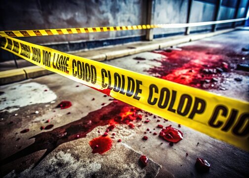 Gritty, high-contrast image of a crime scene with police tape, caution signs, and blood-stained evidence, evoking a sense of unease and graphic intensity.