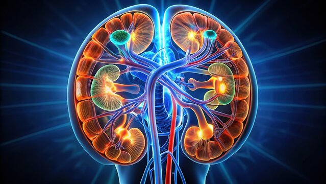 Illuminated microscopic image of a kidney's functional unit, the nephron, with labeled components including glomerulus, proximal convoluted tubule, and distal convoluted tubule.