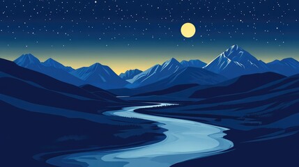 Naklejka premium Vector art of a beautiful night view of Kyrgyzstan mountains, with a meandering river and a glowing moon, in a minimalistic design