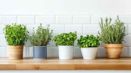 Simple white wall in a modern kitchen, featuring a small countertop with fresh herbs in pots.