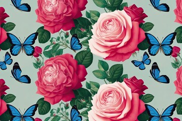 Elegant Floral Wallpaper Design Featuring Vivid Roses and Cobalt Butterflies for Nature Inspired Decor