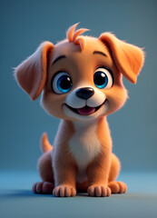 3D render of a cute brown puppy with blue eyes and floppy ears on a blue background at dusk, warm glowing light.