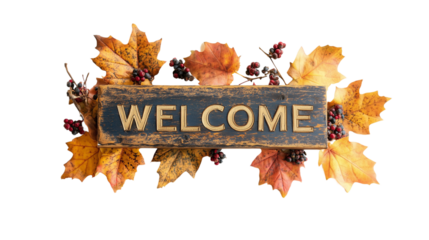 Isolated on white background, a rustic wooden sign with the word "WELCOME" 