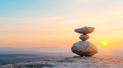 A balanced rock stack against a stunning sunrise, symbolizing stability and peace.