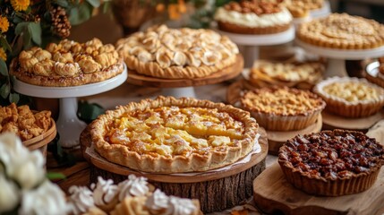Assorted Fruit Pies on Rustic Wooden Stands