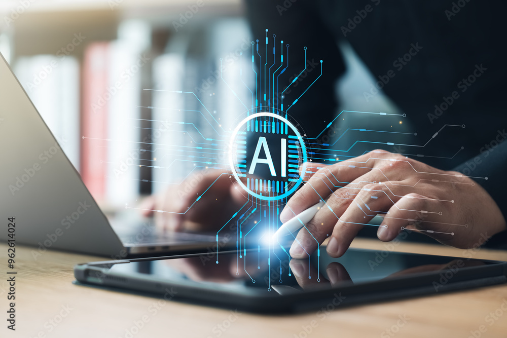 Poster ai technology in daily life and business, young man uses tablet and laptop to use ai in work access 