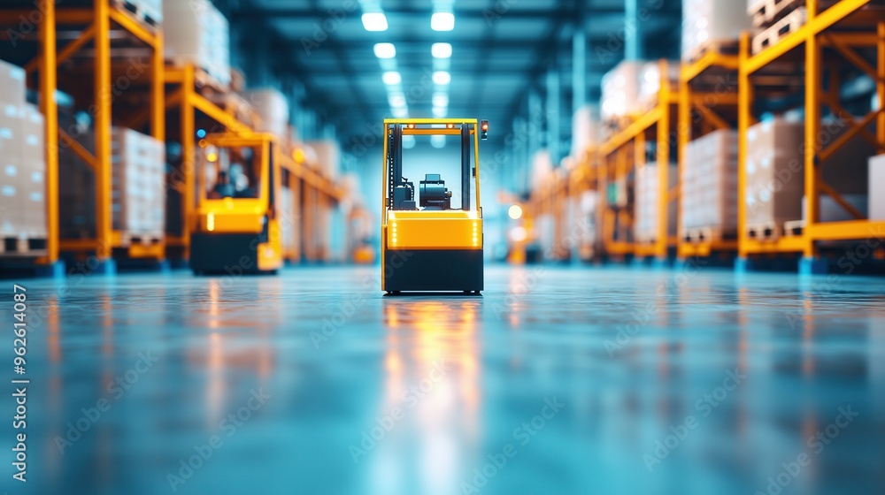 Aufkleber factory floor with automated forklifts and ai-controlled systems, showing the integration of technol