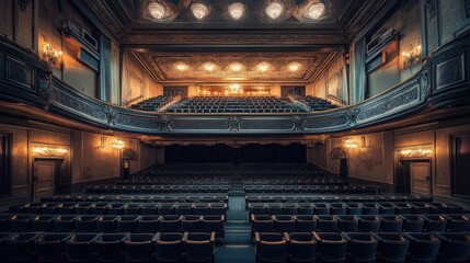 A great theatre's empty auditorium, showcasing the elegant architecture and rows of