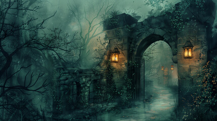 Naklejka premium Ancient stone archway shrouded in mist and ruins