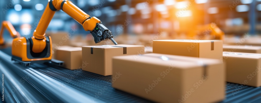 Aufkleber industrial robots sorting packages in a distribution center, high-resolution focus on automation and