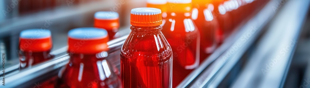 Aufkleber high-speed bottling line in a beverage factory, capturing the precision and speed of automated indus