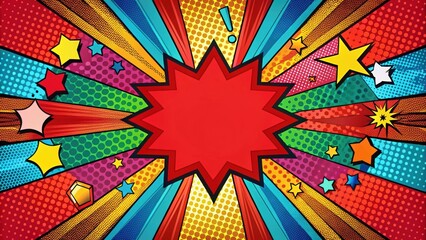 Abstract comic background with colorful shapes and patterns on red background, comics, abstract, background, colorful, shapes