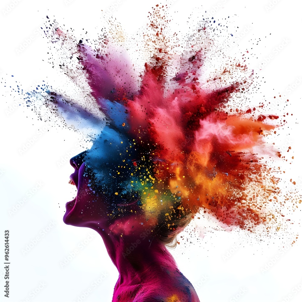 Poster colorful paint splashes on a white background with a person creating artistic splatters, blending im