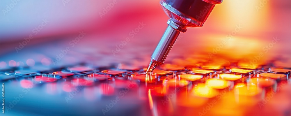Poster close-up of microchip production, highlighting the delicate technology and intricate details of elec