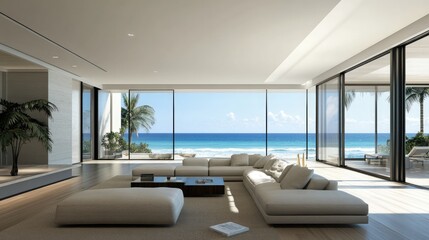 Fototapeta premium Spacious living room with large windows and a view of a beautiful beach and ocean waves.