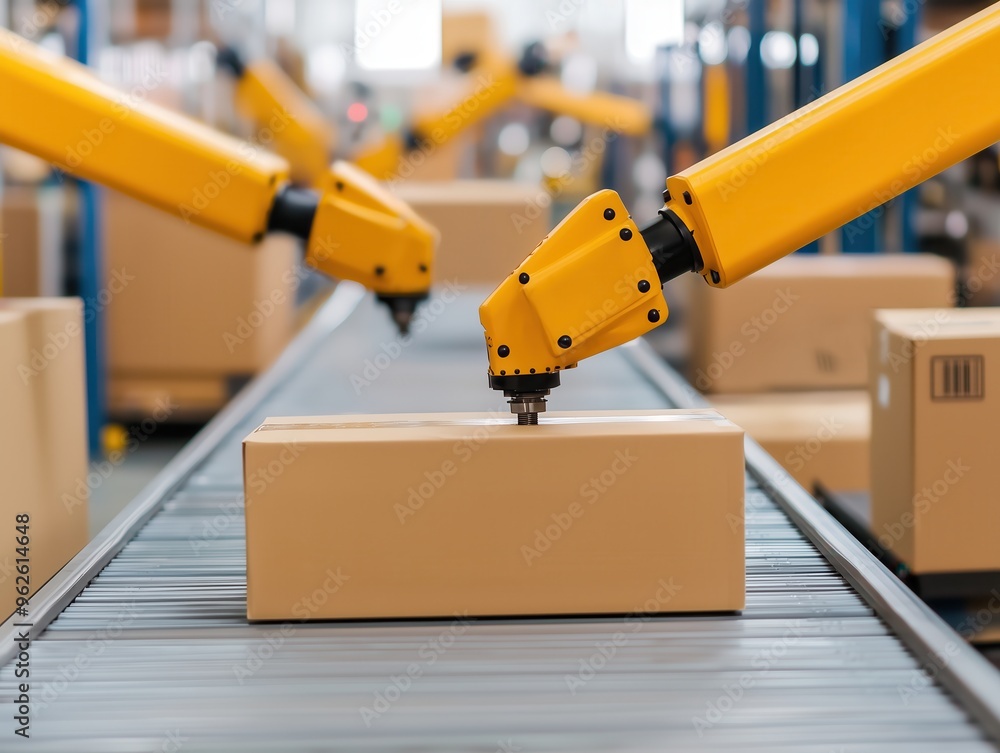 Aufkleber automated packaging line with robotic arms, detailed capture of industrial efficiency and advanced t