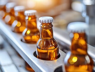 Bottling factory, high-speed capture of bottles being filled and sealed, showcasing the precision and hygiene of food production.