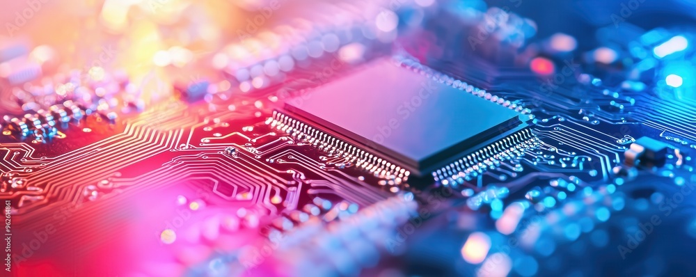 Poster close-up of microchip production, highlighting the delicate technology and intricate details of elec