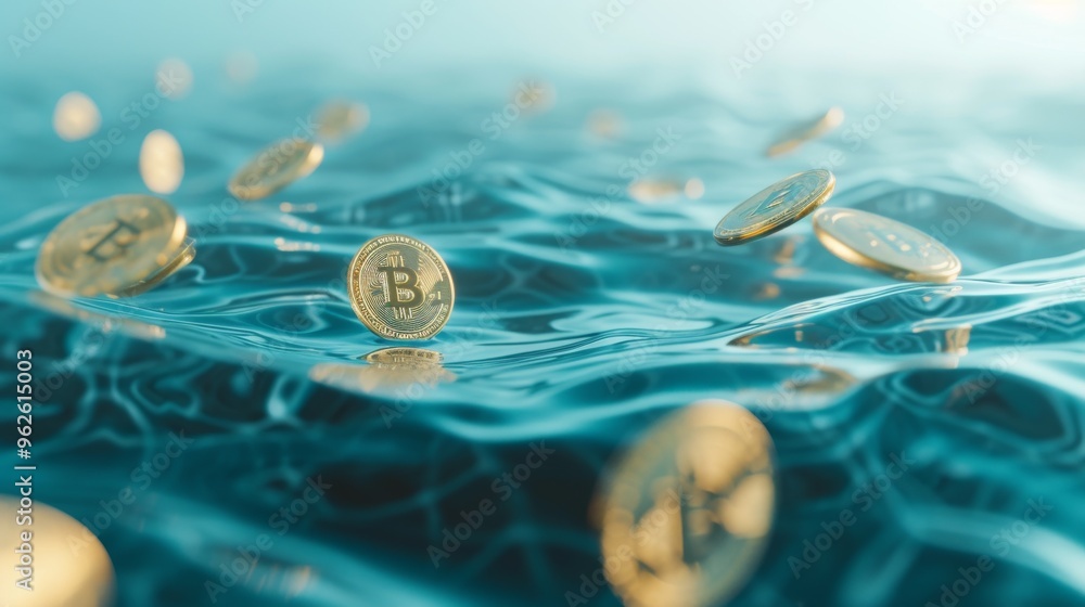 Poster golden bitcoins floating on a serene digital ocean, representing the fluid and interconnected world 