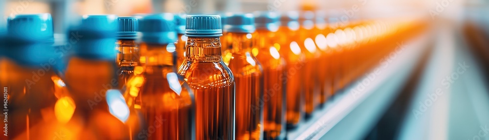 Aufkleber high-speed bottling line in a beverage factory, capturing the precision and speed of automated indus