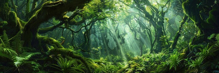 Mystical woodland with thick moss-laden trees and lush green foliage, as light streams through the canopy, generating a calm and enchanting ambiance.