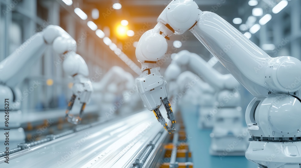 Poster high-tech production line with robotic arms and conveyor belts, emphasizing automation and fine indu