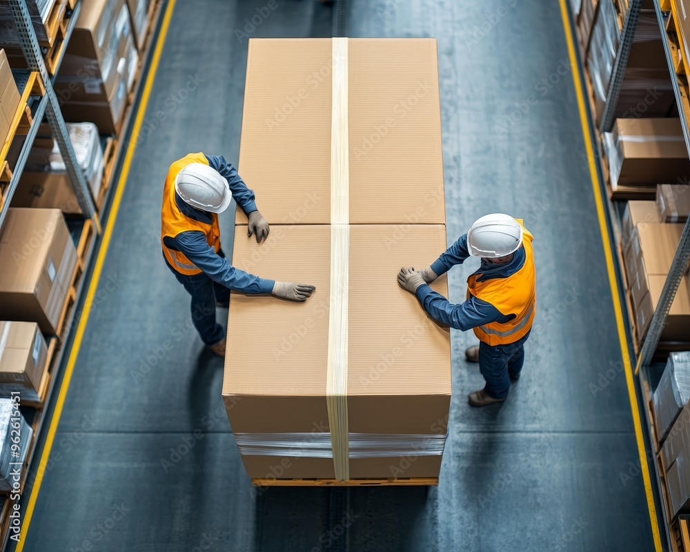 Poster two warehouse workers in hard hats and vests secure a large cardboard box on a pallet.