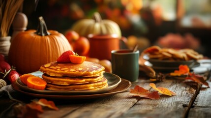 Pumpkin Pancakes with Strawberry and Persimmon on a Rustic Table
