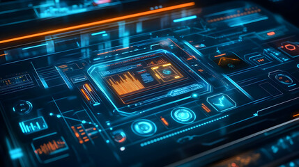 Obraz premium Futuristic Digital Interface with Blue and Orange Glowing Lines - 3D Illustration
