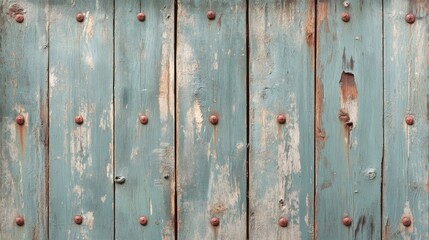 Fototapeta premium Vintage wooden panel background with visible nail heads and a distressed paint finish in muted colors.