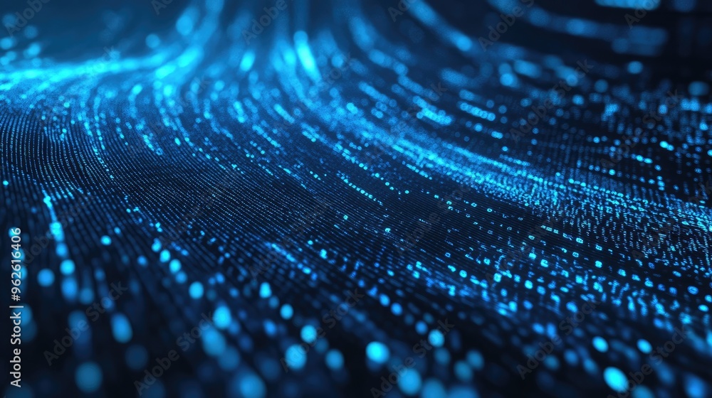 Poster flowing blue binary code over a dark background, representing the fast-paced nature of internet and 