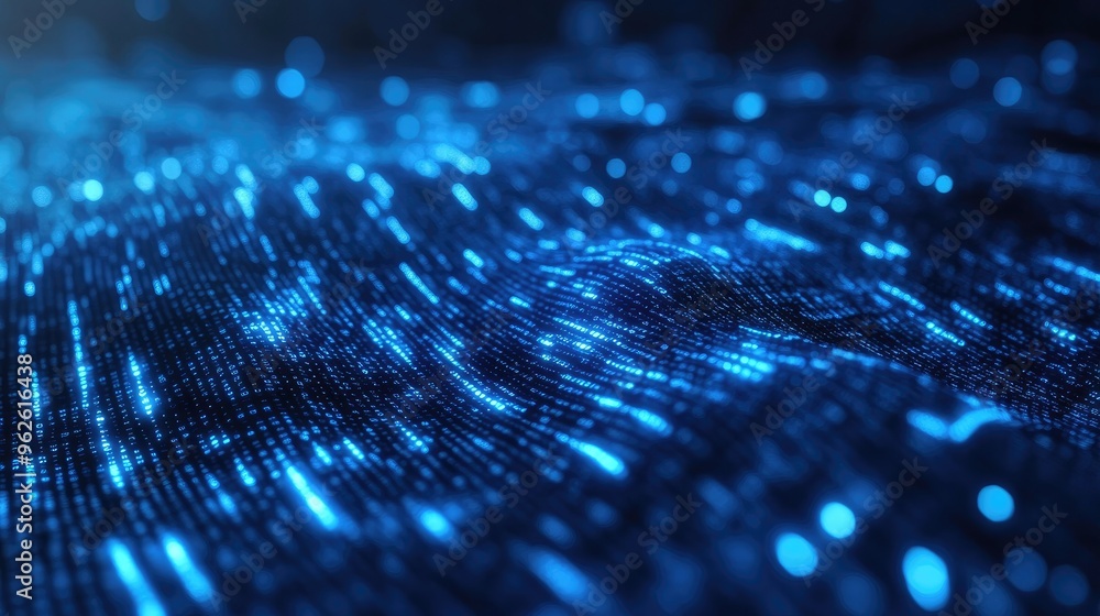 Poster flowing blue binary code over a dark background, representing the fast-paced nature of internet and 