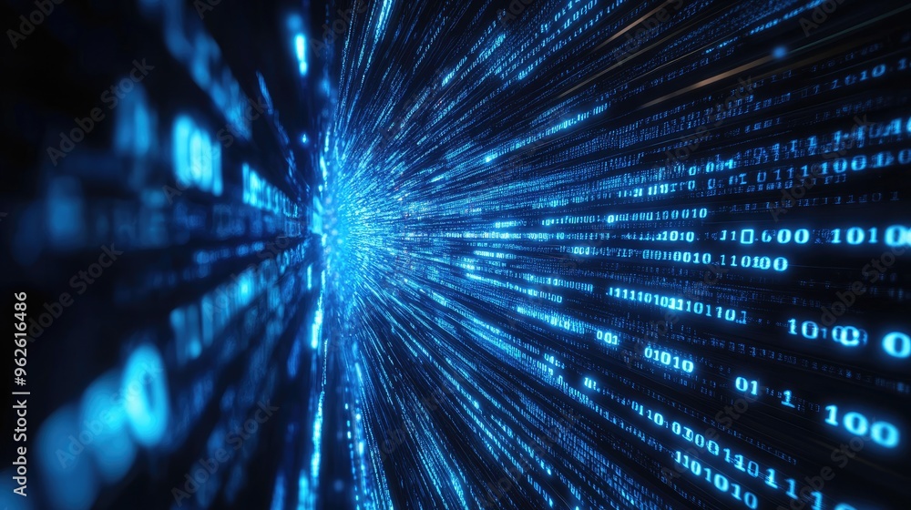 Poster flowing blue binary code over a dark background, representing the fast-paced nature of internet and 