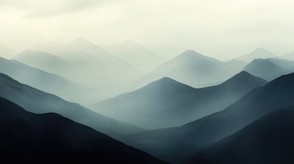 Fototapeta premium Flowing, shadowy mountains set against an abstract, misty sky, evoking a sense of mystery and eerie calm in this surreal scene