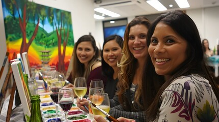 Friends enjoying a wine and paint night
